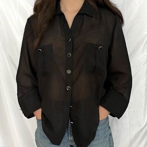 Tradition‎ Lightweight Black Gauzy Sheer Button Front Short Sleeve Blouse